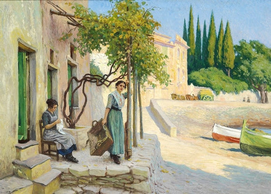 Sonnige Gasse in Rapallo mit Frauen, Laube und Booten am Ufer, Gemälde von Paul Fischer