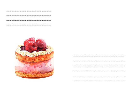 Briefumschlag mit Aquarell-Törtchen, Sahne und Himbeeren