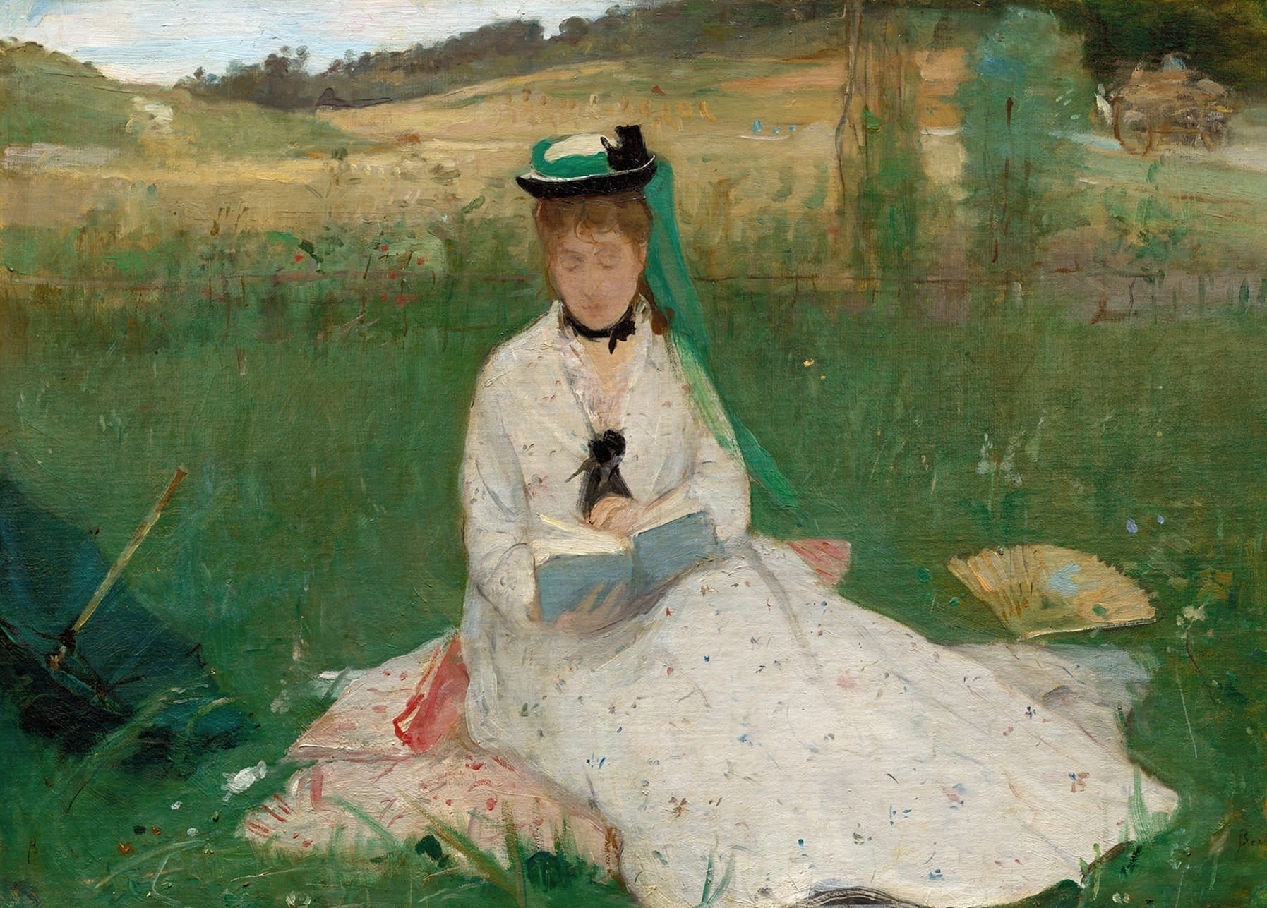 Berthe Morisot painting of a woman in a black hat reading in tall grass