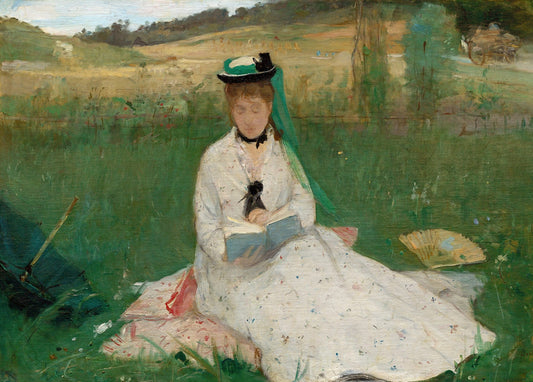 Berthe Morisot painting of a woman in a black hat reading in tall grass