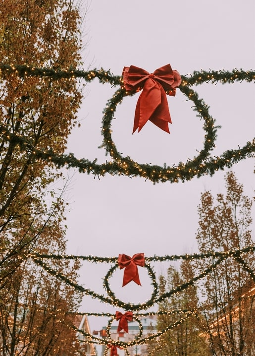 Evergreen wreaths with red velvet bows hanging from a light garland between bare autumn trees