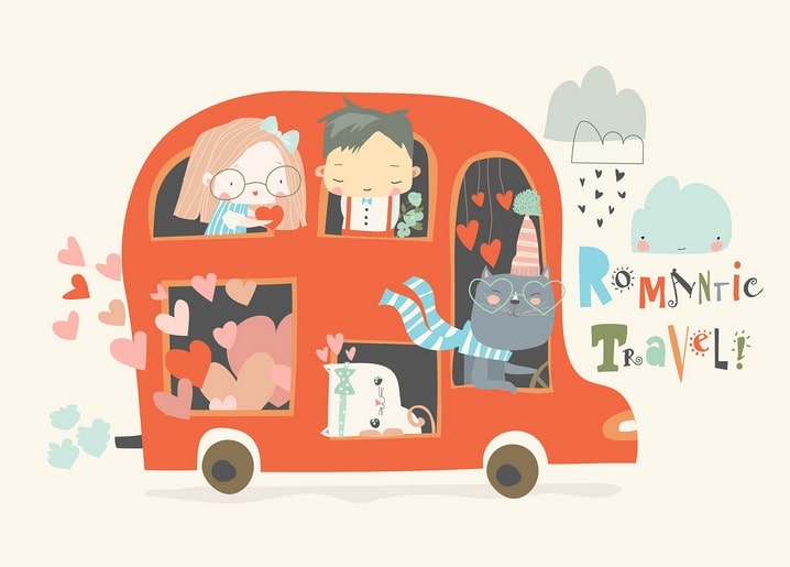 Cartoon red double-decker bus with a girl, boy, and scarf-wearing cat, surrounded by hearts and a smiling cloud