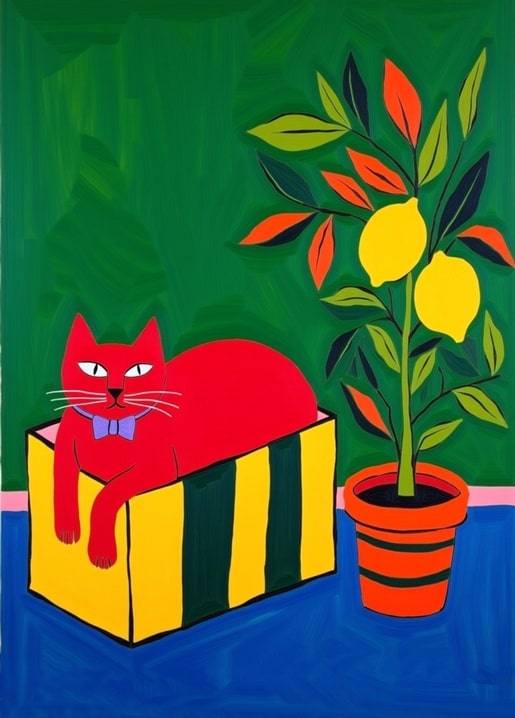 Illustration of a red cat in a bow tie sitting in a striped box beside a potted lemon tree