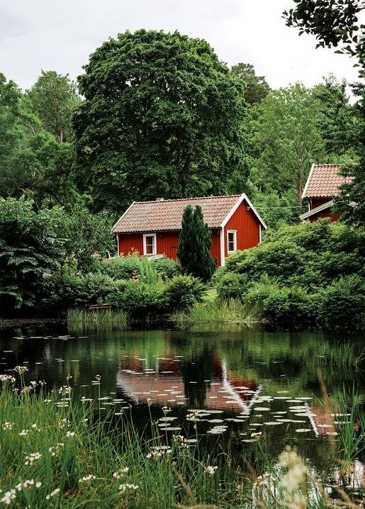 Red wooden cottage reflected in a still forest pond surrounded by trees