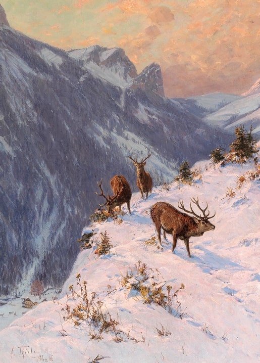 Arthur Thiele painting of three red deer stags on a snowy mountain ridge at sunset