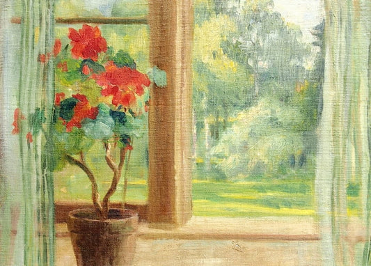 Potted red geranium on a sunlit windowsill with sheer curtains and a garden view, painting by Lilly Walther
