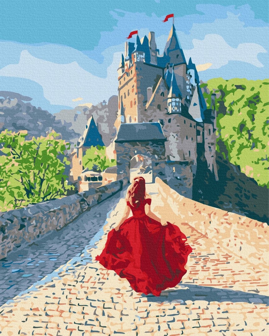 Malen-nach-Zahlen-Motiv einer Frau im roten Kleid vor einem Märchenschloss
