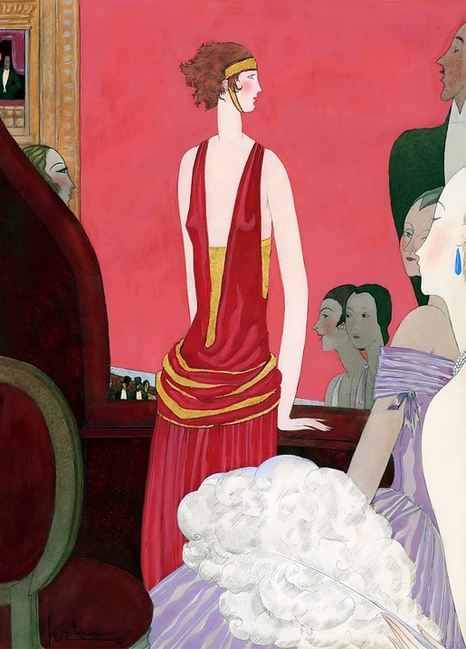 Art Deco illustration of a woman in a red gown among elegant guests in a theatre box