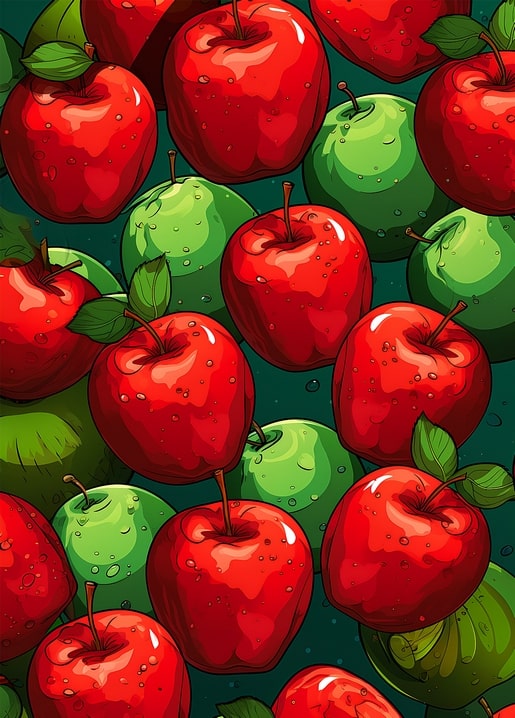 Seamless illustration of glossy red and green apples with dewdrops