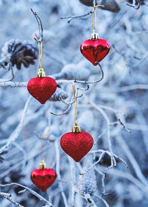 Red glittery heart ornaments hanging from frost-covered branches with pinecones