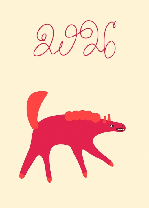 Illustration eines roten Pferdes unter einer geschwungenen Handschrift 2026 auf cremefarbenem Hintergrund