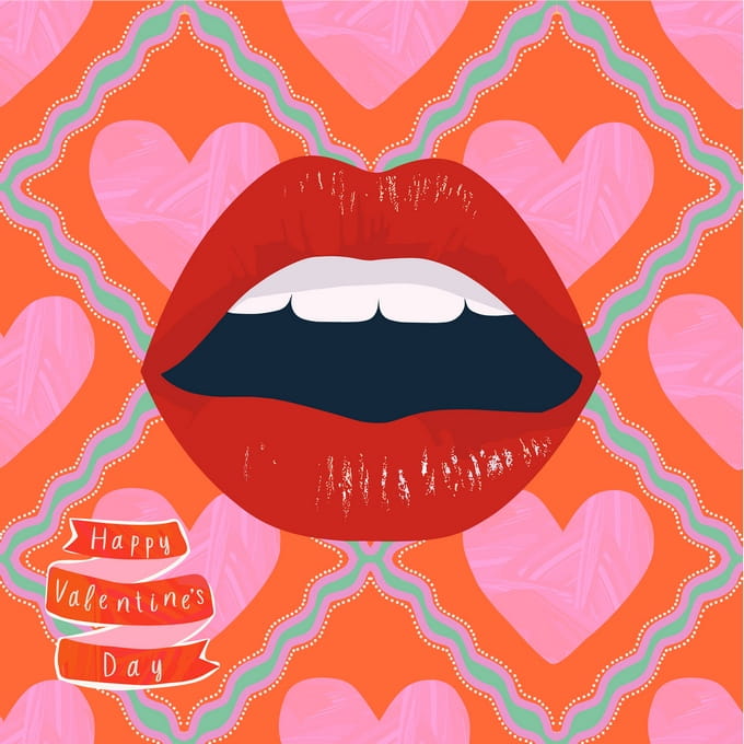 Knallrote Pop-Art-Lippen vor Herzmuster mit „Happy Valentine's Day“-Banner