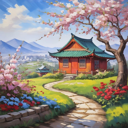 Red pagoda-style house with a green roof beneath a blooming cherry blossom tree