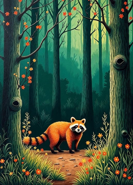 Illustrierter roter Panda auf einem Waldweg mit orangefarbenen Wildblumen