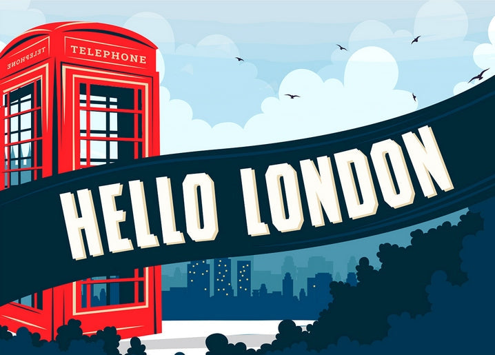 Rote Telefonzelle vor Londons Abendsilhouette mit Vögeln am Himmel