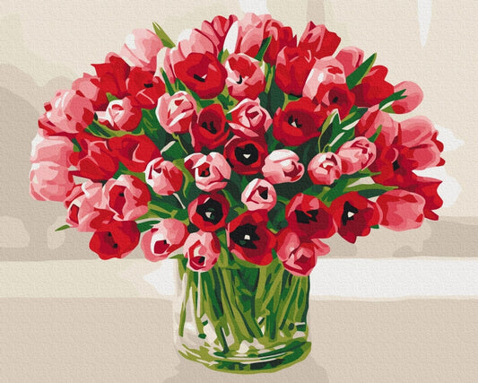 Painting-by-numbers design of a full bouquet of red and pink tulips in a glass vase