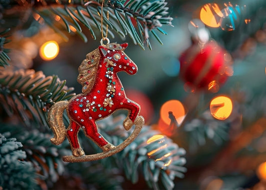 Red glitter rocking horse ornament on a snowy fir branch with bokeh lights