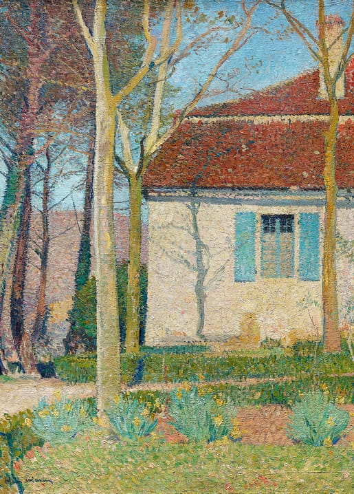 Pointillist painting of a red-roofed house corner with blue shutters and daffodils, by Henri Martin