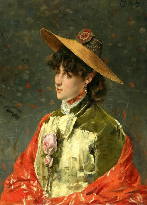Alfred Stevens portrait of a woman in a red shawl holding a pink rose