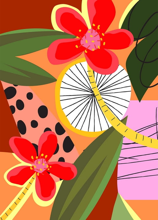 Illustrierte rote Tropenblüten, Blätter und ein Fahrradrad auf orangefarbenem Punktehintergrund