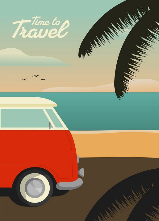 Retro illustration of a red VW camper van on a sunset beach with a palm tree