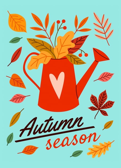 A red watering can filled with autumn leaves and berries on a turquoise background