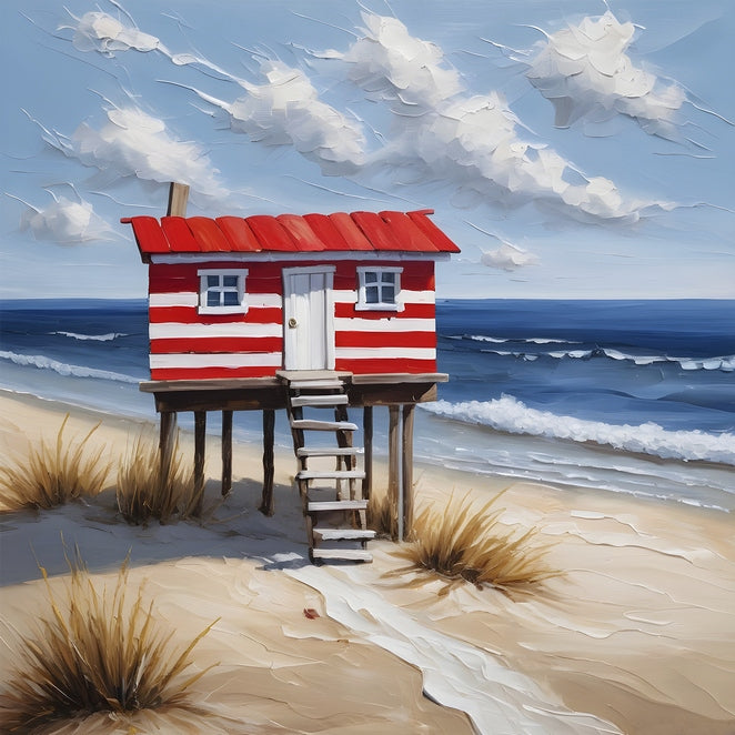 Red-and-white striped beach hut on wooden stilts above sand dunes by the sea