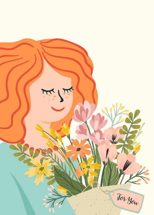 Illustrierte rothaarige Frau mit geschlossenen Augen und einem Wildblumenstrauß