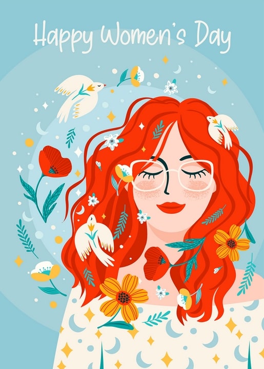 Red-haired woman with glasses among doves and spring flowers, Happy Women's Day postcard design