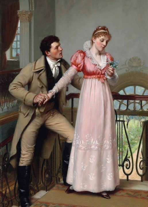 Mann lehnt sich zu einer Frau im rosa Kleid mit Vergissmeinnicht auf einer Treppe, Leighton, 'Ja oder Nein?'