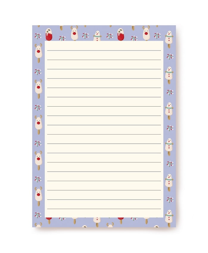 Lilac writing paper bordered with reindeer and snowman popsicle illustrations on candy-cane sticks
