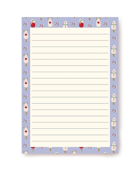 Lilac writing paper bordered with reindeer and snowman popsicle illustrations on candy-cane sticks
