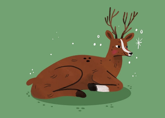 Illustration eines liegenden braunen Hirsches mit Geweih auf grünem Hintergrund mit Glitzerpunkt.