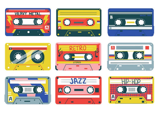 Nine retro cassette tapes labeled Heavy Metal, Retro, Jazz and Hip-Hop in bright colors