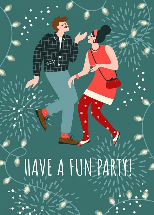 Tanzendes Retro-Paar unter Feuerwerk und Lichterketten, Schriftzug Have a Fun Party