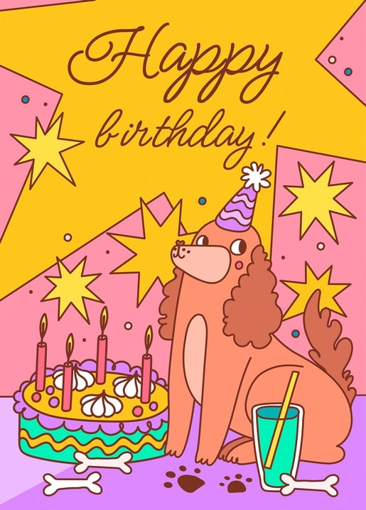 Illustrated curly-haired dog in a party hat beside a candlelit cake and drink in bold retro colors