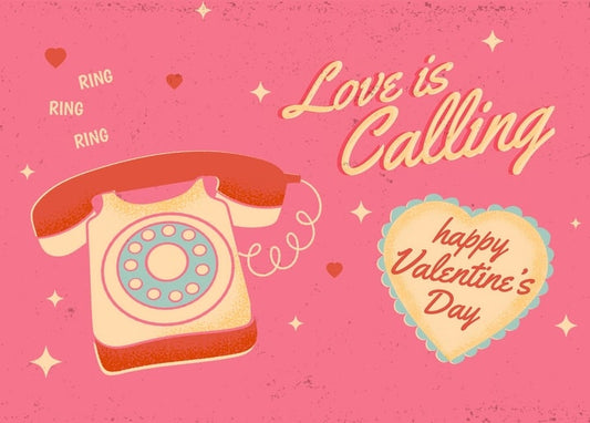 Illustration eines roten Wählscheibentelefons zwischen Herzen neben einem „Happy Valentine's Day“-Anhänger