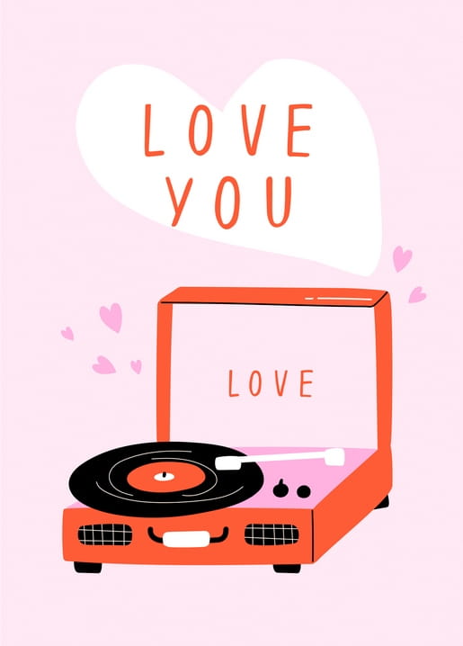 Roter Retro-Plattenspieler mit Schallplatte unter einer herzförmigen „Love You“-Sprechblase