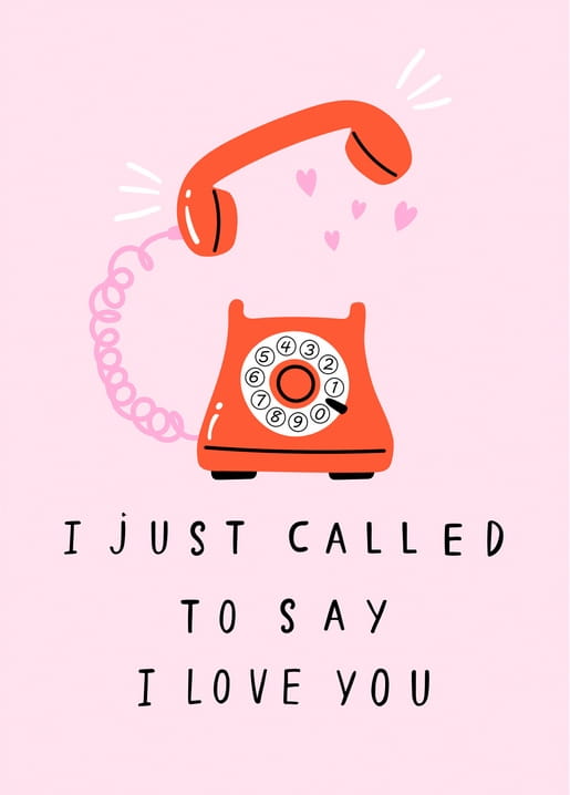 Oranges Retro-Telefon mit abgehobenem Hörer und Herzen, Beschriftung „Ich liebe dich“