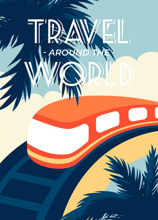 Retro poster of an orange train curving past palm trees, ‘Travel Around the World’ title