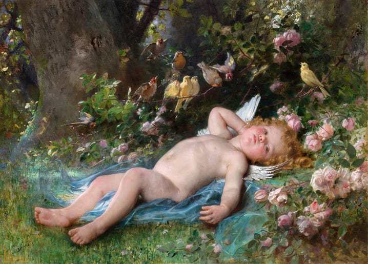 Sleeping winged child among pink roses and songbirds, painting by Perrault