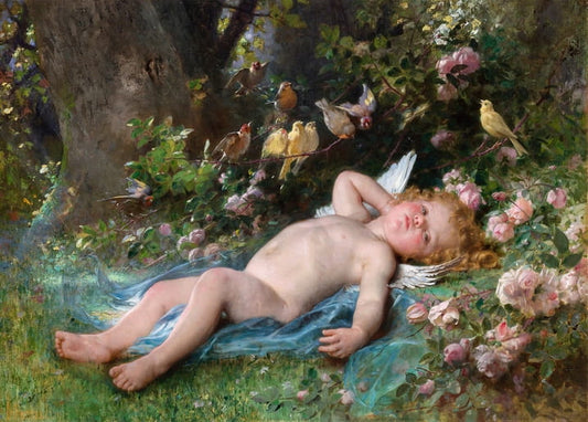 Sleeping winged child among pink roses and songbirds, painting by Perrault