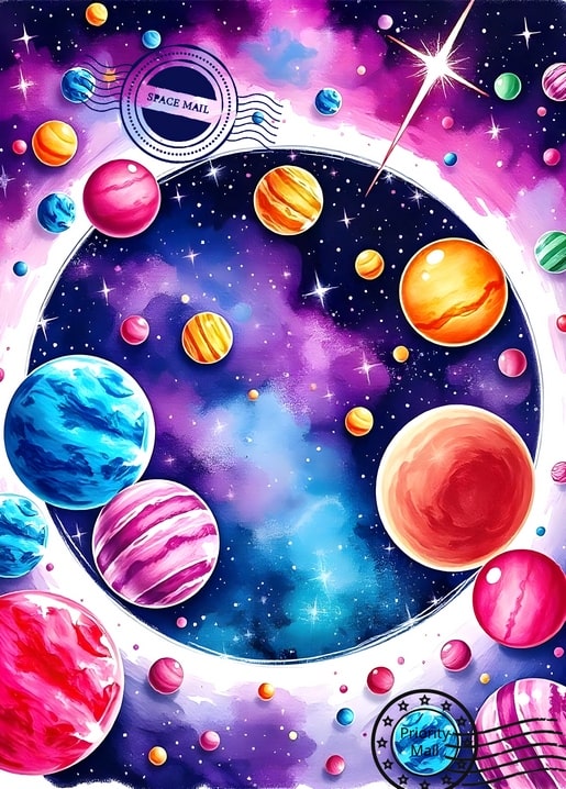 Bunte Planeten bilden einen Ring um einen sternenklaren Nachthimmel auf dieser Weltraum-Postkarte.