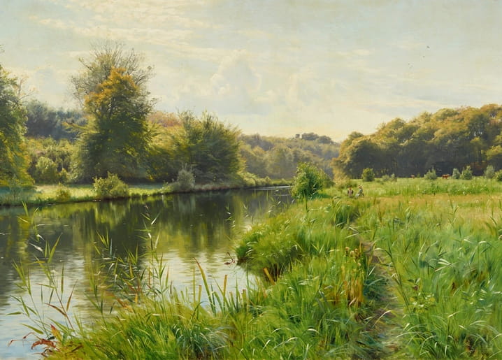 Oil painting of a calm river lined with tall grasses and trees under a summer sky