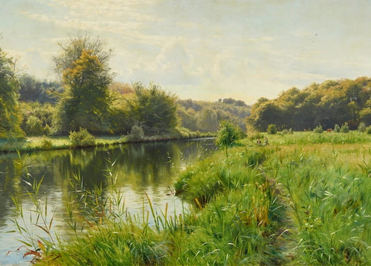 Oil painting of a calm river lined with tall grasses and trees under a summer sky