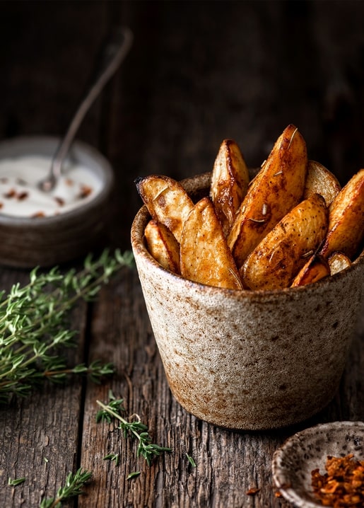 Ofenkartoffeln mit Thymian in einer Keramikschale auf einem Holztisch
