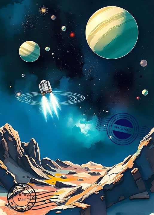 Rakete fliegt über eine felsige Schlucht unter riesigen gestreiften Planeten