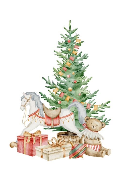 Aquarell-Schaukelpferd, Teddybär und Geschenke neben einem geschmückten Weihnachtsbaum