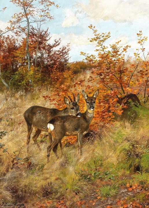 Josef Schmitzberger painting of two roe deer among red and gold autumn foliage