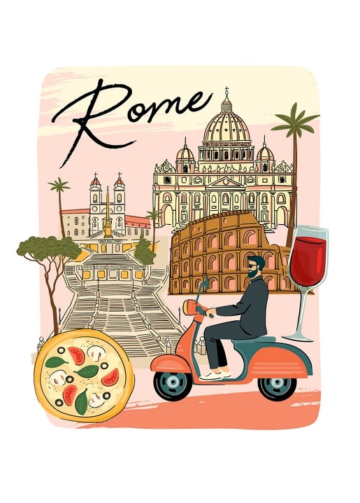 Illustrated Rome postcard with Vespa scooter, wine glass, pizza, Colosseum and St. Peter's Basilica